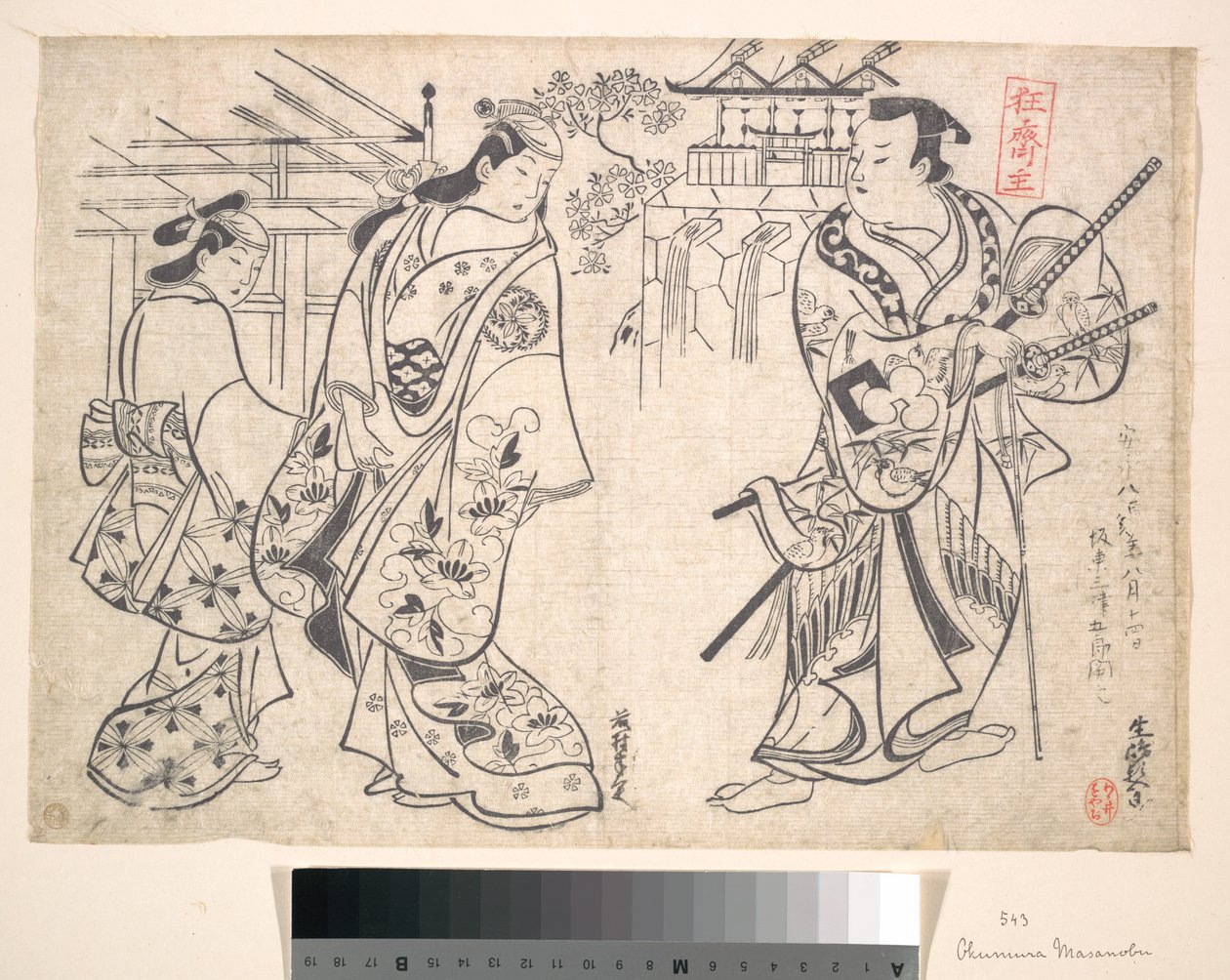 Ikushima Shingoro bushina (samuraina) ja Ogino Yaegiri naisena seuranaan tyttöpalvelija tekijältä Okumura Masanobu
