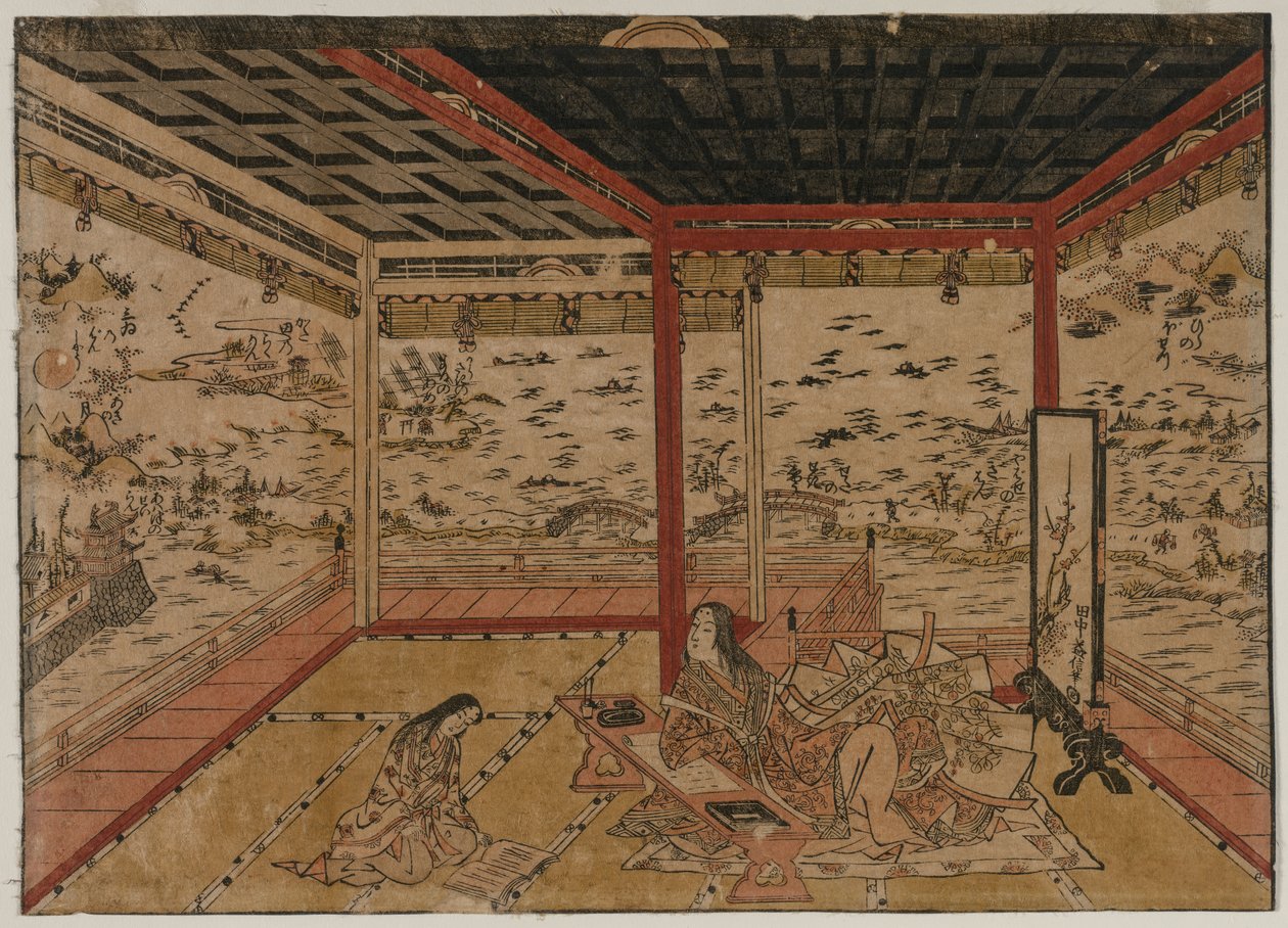Lady Murasaki Ishiyamassa näköalalla panoraamalle, josta on seitsemän näköalaa Biwa-järvelle, 1740-luku. tekijältä Okumura Masanobu
