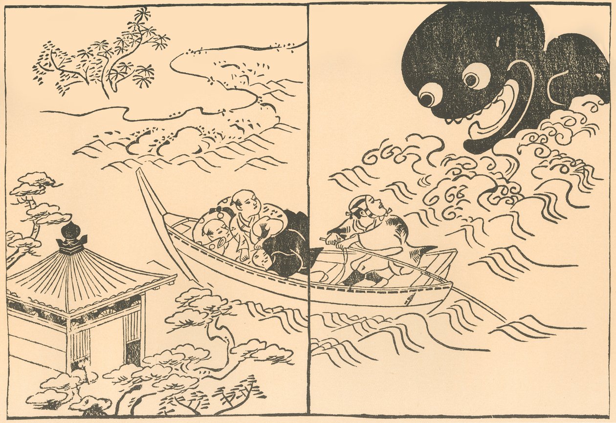 Miehet merihirviön uhkaamassa veneessä, 1700-luvun alkupuoliväli, 1924. tekijältä Okumura Masanobu