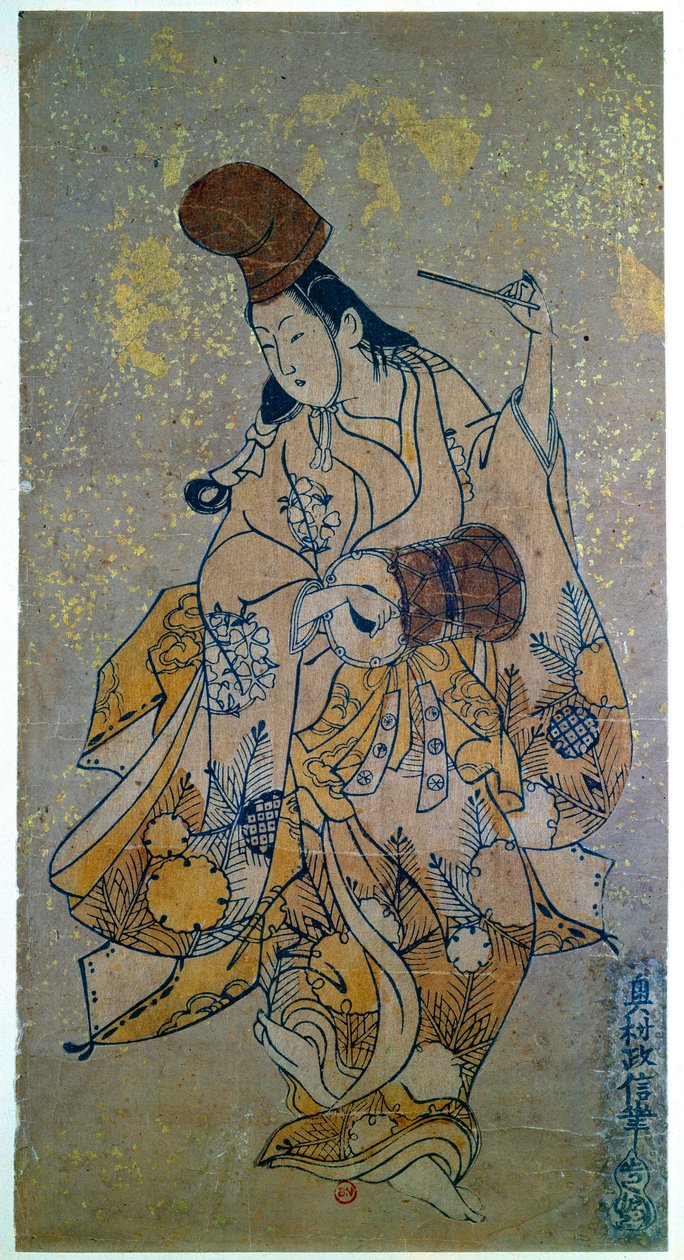 Muusikko. Nainen soittamassa rumpua. Okumura Masanobu (1686-1764) japanilainen printti tekijältä Okumura Masanobu