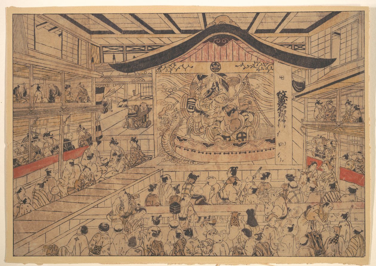 Perspektiivikuva (uki-e) kabukiteatterista, jossa esitetään "Sogan veljesten ja Nagoya Sanzan vaakunakuviot" (Mon-zukushi Nagoya Soga) tekijältä Okumura Masanobu