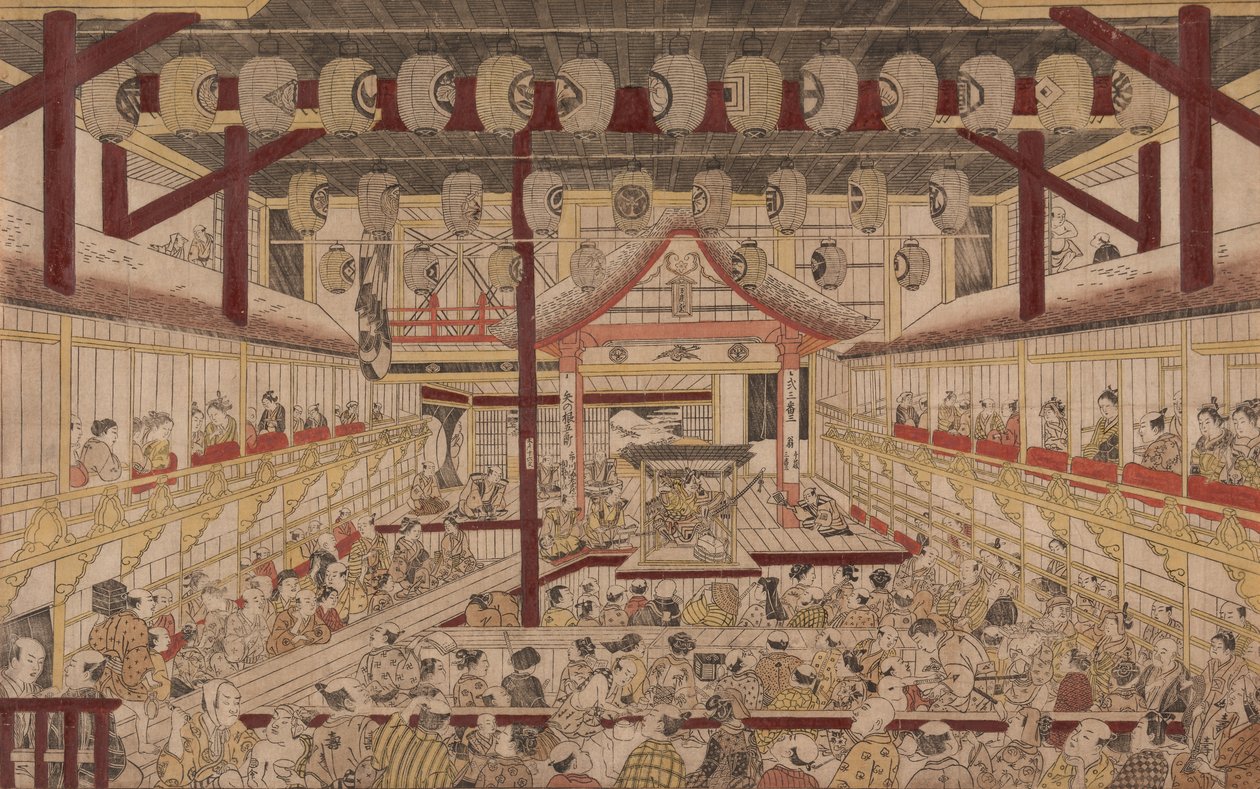 Perspektiivikuva Nakamura-teatterin sisätiloista Ichikawa Ebizo II:n kanssa Yanone Gorona, 1740 tekijältä Okumura Masanobu