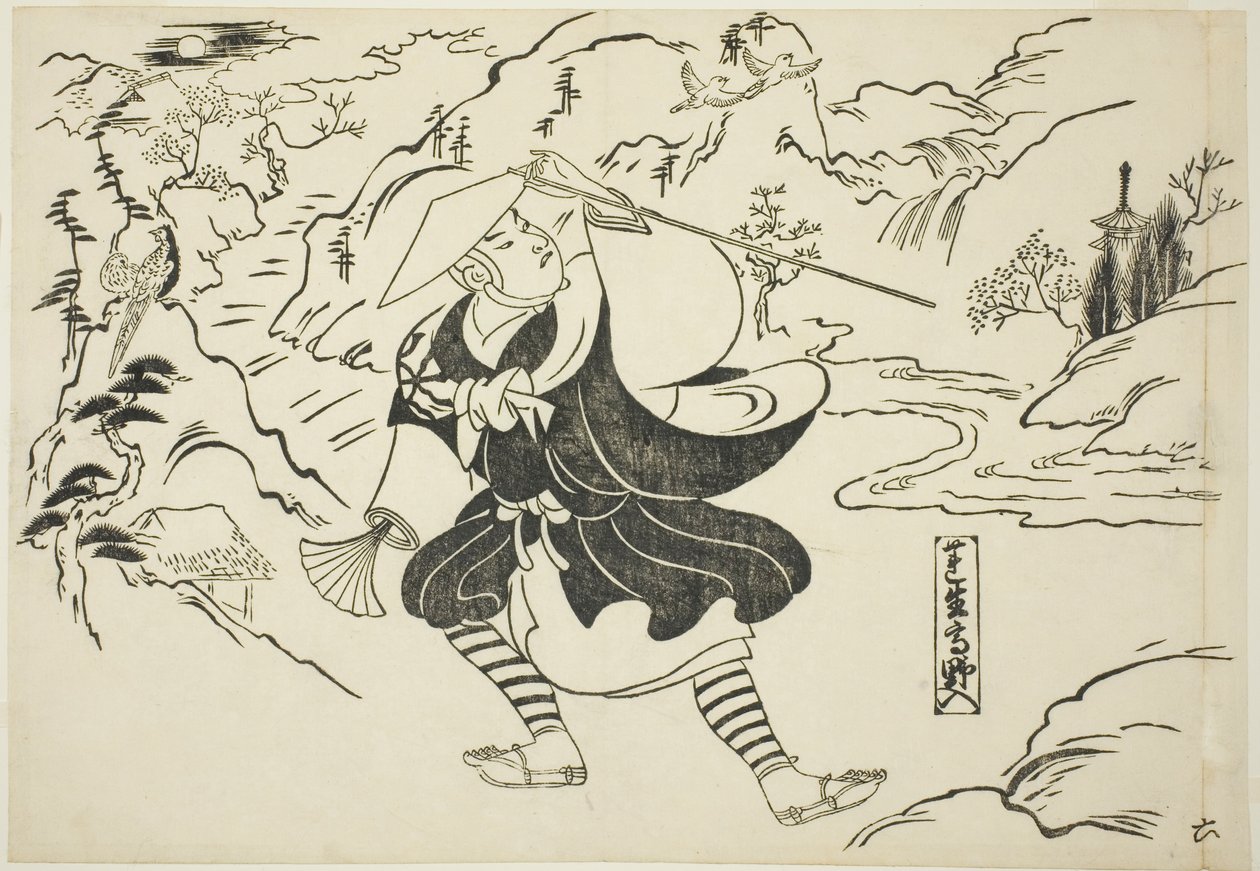 Rensho saapuu Koya-vuorelle (Rensho Koya-iri), sarjasta "Famous Scenes from Japanese Puppet Plays (Yamato irotake)" tekijältä Okumura Masanobu