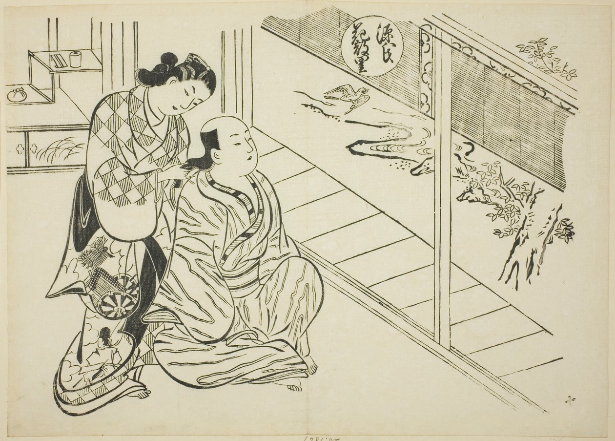 Hanachirusaton luku "The Tale of Genjistä" (Genji Hanachirusato), Genji-parodioiden sarjasta tekijältä Okumura Masanobu