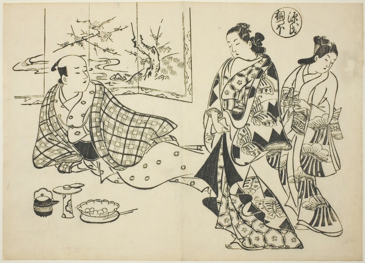 Kiritsubo luku "The Tale of Genjistä" (Genji Kiritsubo), Genji-parodioiden sarjasta tekijältä Okumura Masanobu
