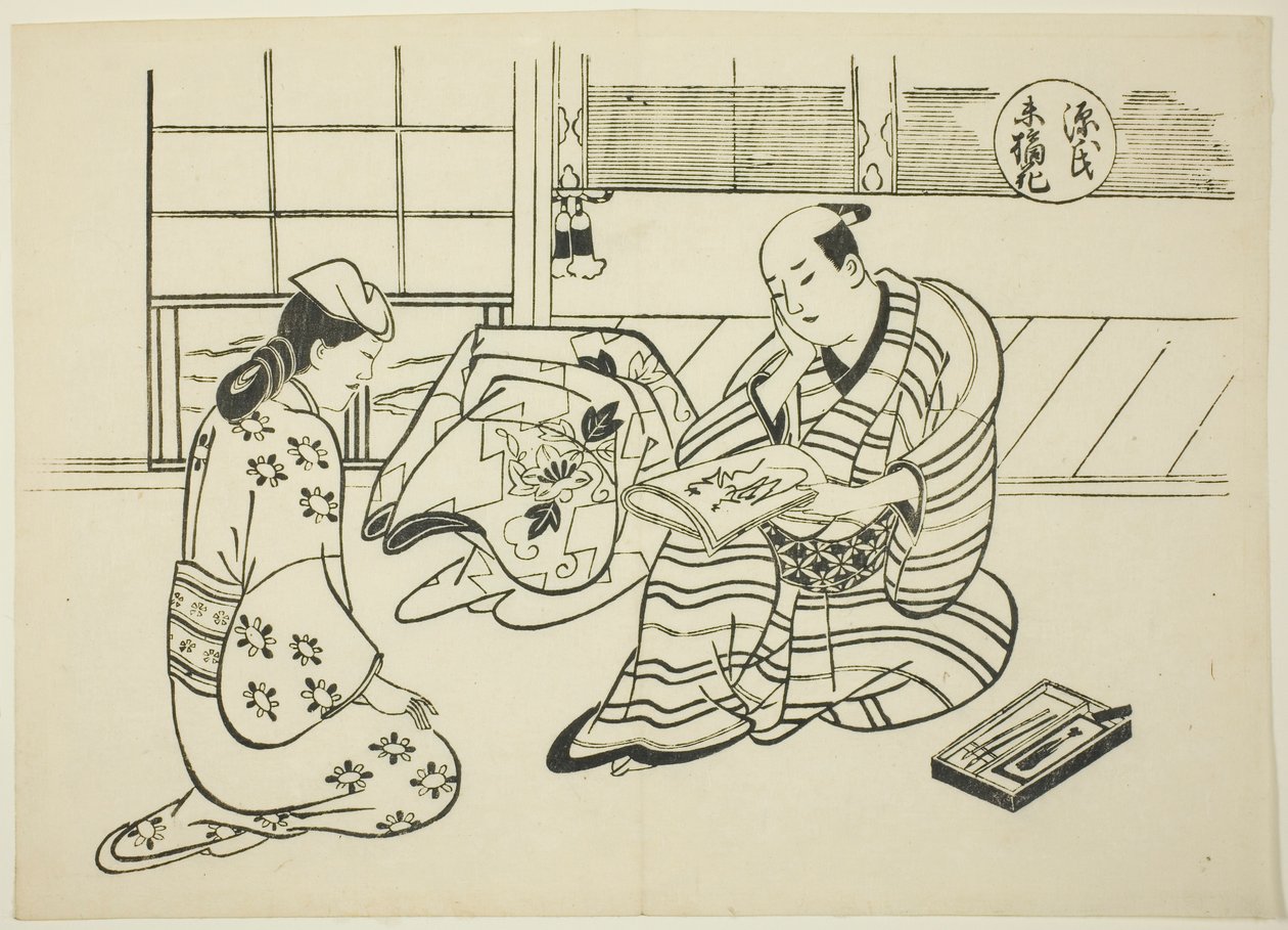 Suetsumuhanan luku "The Tale of Genjistä" (Genji Suetsumuhana), Genji-parodioiden sarjasta tekijältä Okumura Masanobu