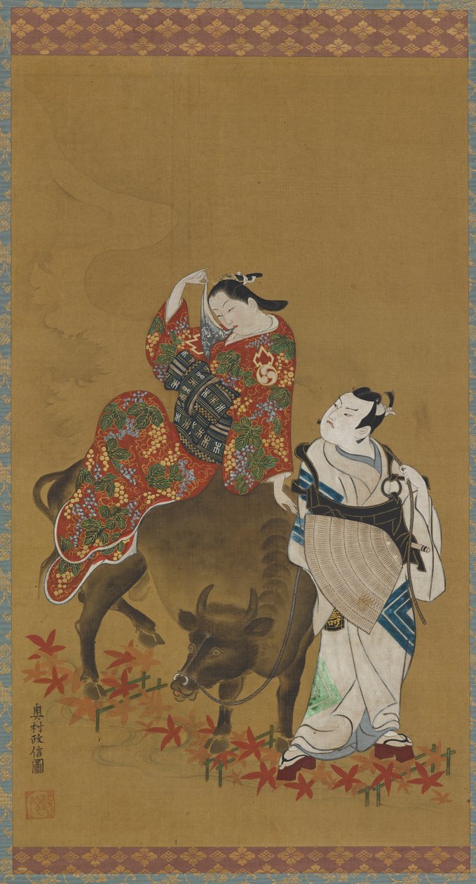 Kaksi kabuki-näyttelijää vesipuhvelin kurtisaanin ja matkustavan papin roolissa, 1686-1764. tekijältä Okumura Masanobu