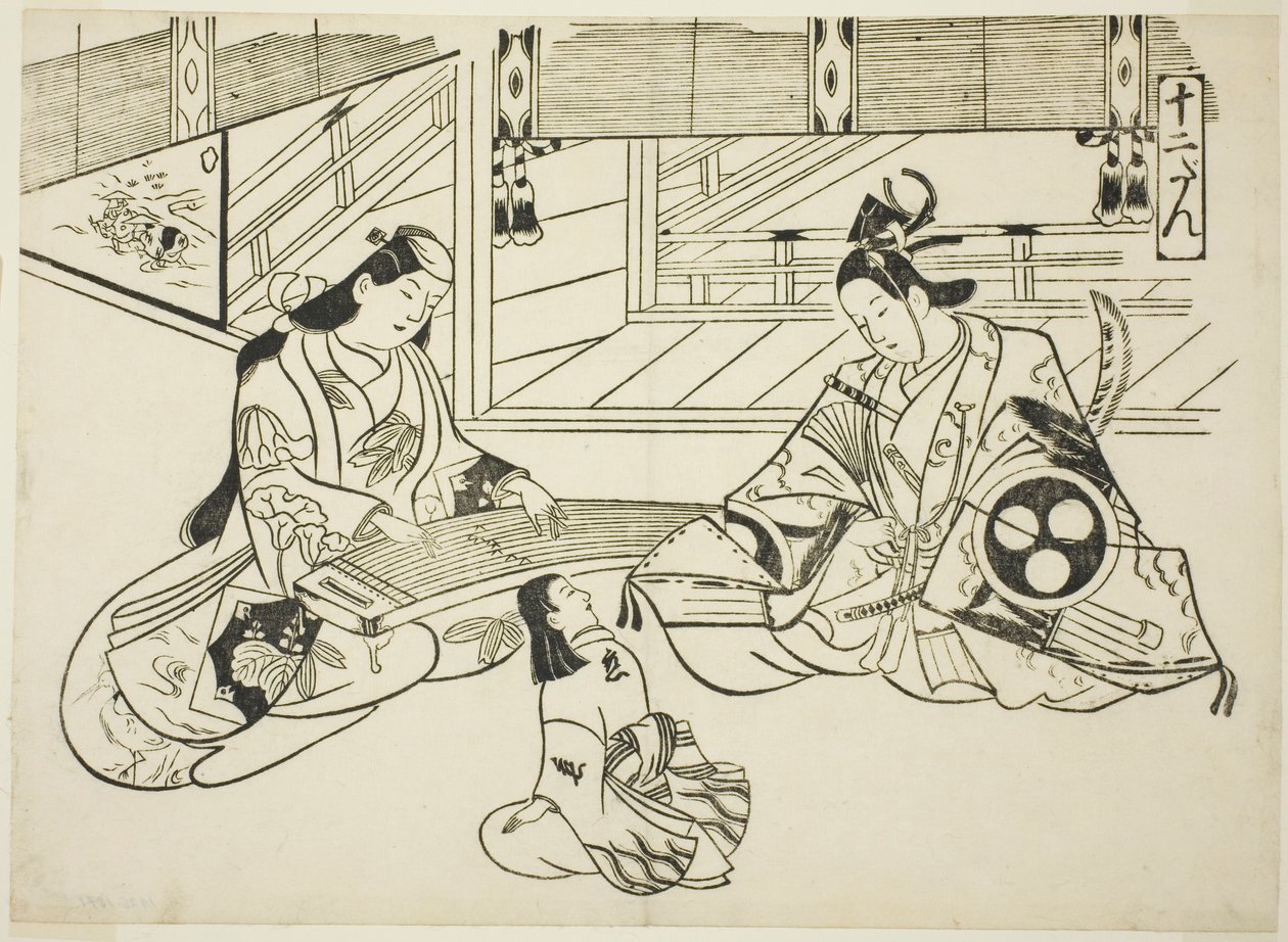 Yoshitsune (Ushiwaka) ja prinsessa Joruri, sarjasta "Famous Scenes from Japanese Puppet Plays (Yamato irotake)" tekijältä Okumura Masanobu