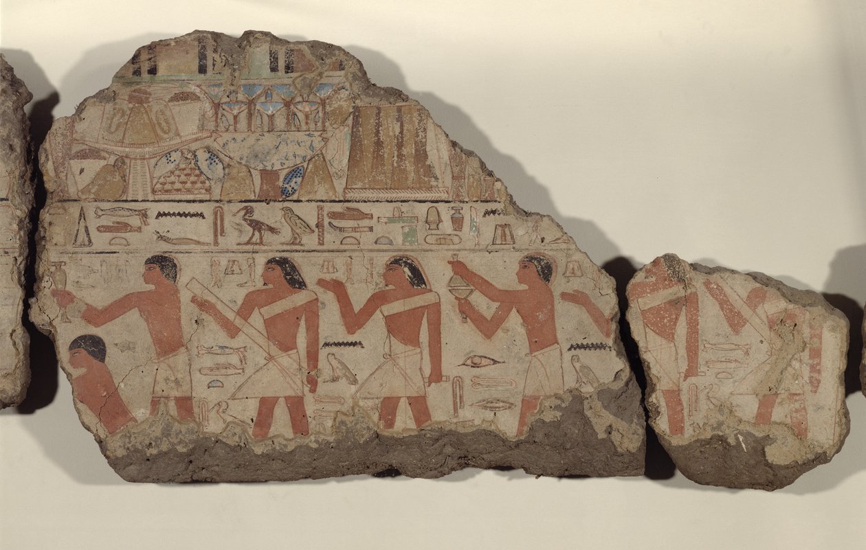 Maalauksia Metjetjistä, yksityiskohta kulttipapeista (maalattu kalkkikivi) tekijältä Old Kingdom Egyptian