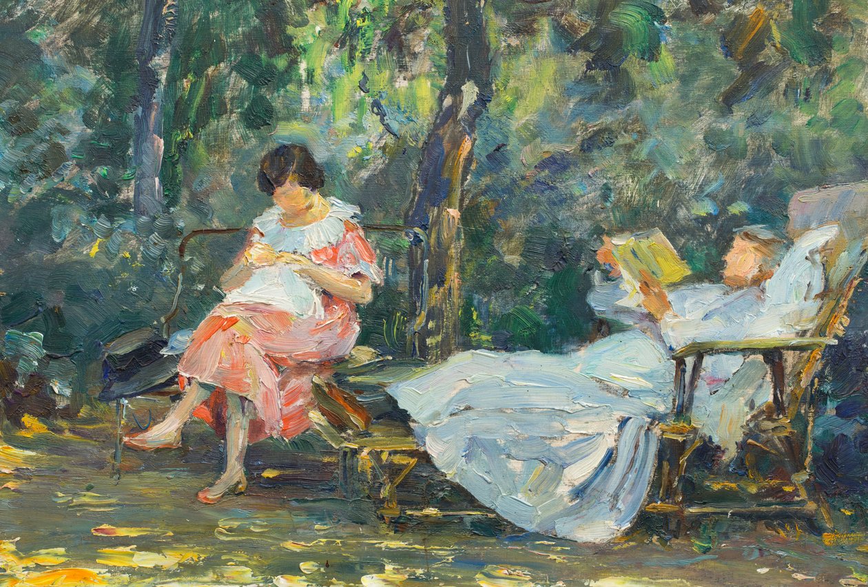 Ler e tricotar no jardim (óleo sobre painel)finlandês tekijältä Olga (1881 1941) Slomszynska