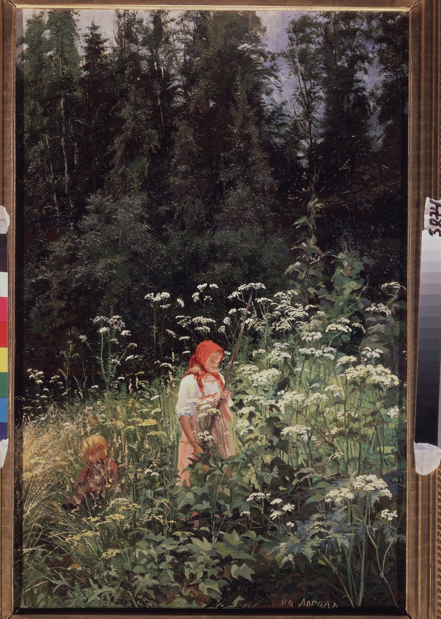 Tyttö ruohotupin edessä (Girl at a Tuft of Grass). Olga Antonovnan maalaus Lagoda Shishkina (1850-1881), öljy kankaalle tekijältä Olga Antonova Lagoda Shishkina