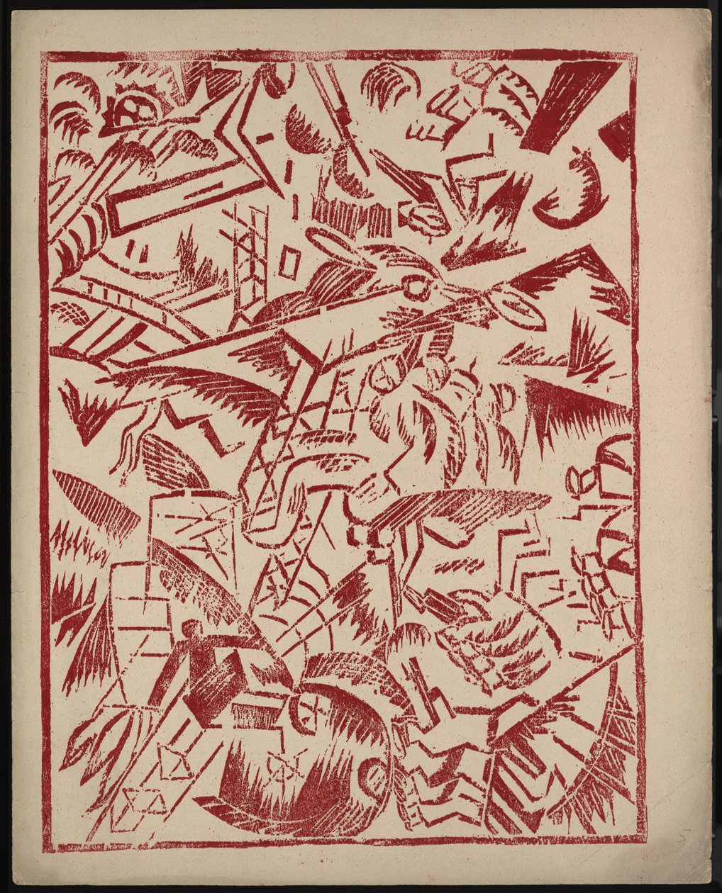 Kuvitus Aleksei Kruchenykhin kirjaan Sota, 1916 tekijältä Olga Rozanova