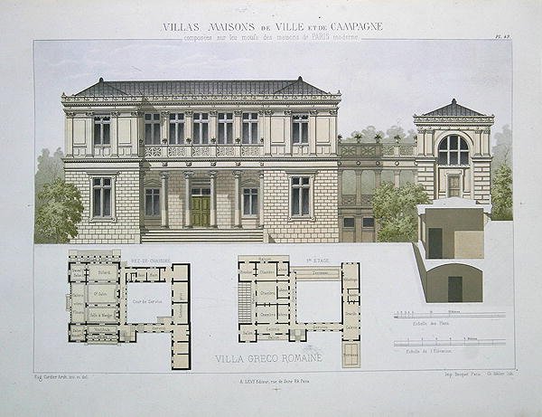 Villa Greco Romaine, kaiverrus Walter, levy 49 julkaisusta "Villas, Maisons de Ville et de Campagne", julkaistu Pariisissa (väri litho) tekijältä Olive (after)
