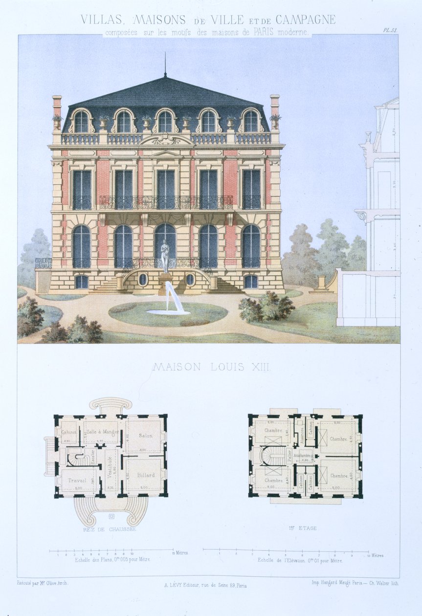 Ludvig XIII talo, teoksesta "Town and Country Houses Based on the Modern Houses of Paris", noin 1864. tekijältä Olive