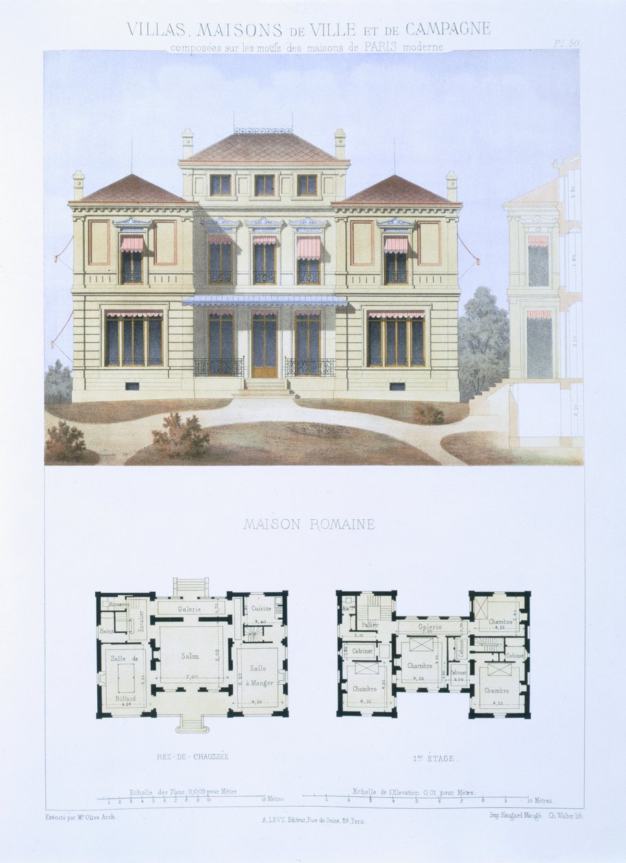 Roomalainen talo, teoksesta "Town and Country Houses Based on the Modern Houses of Paris", noin 1864. tekijältä Olive