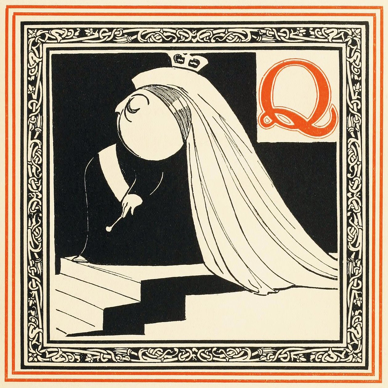 Q on kuningatar, niin jalo ja vapaa, An Alphabet of Celebrities -pubista. 1899 tekijältä Oliver Hereford