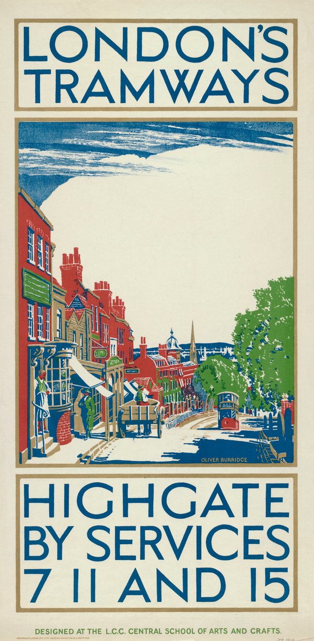Highgate by Services 7, 11 and 15, London County Council LCC Tramways -juliste, 1924 tekijältä Oliver Burridge