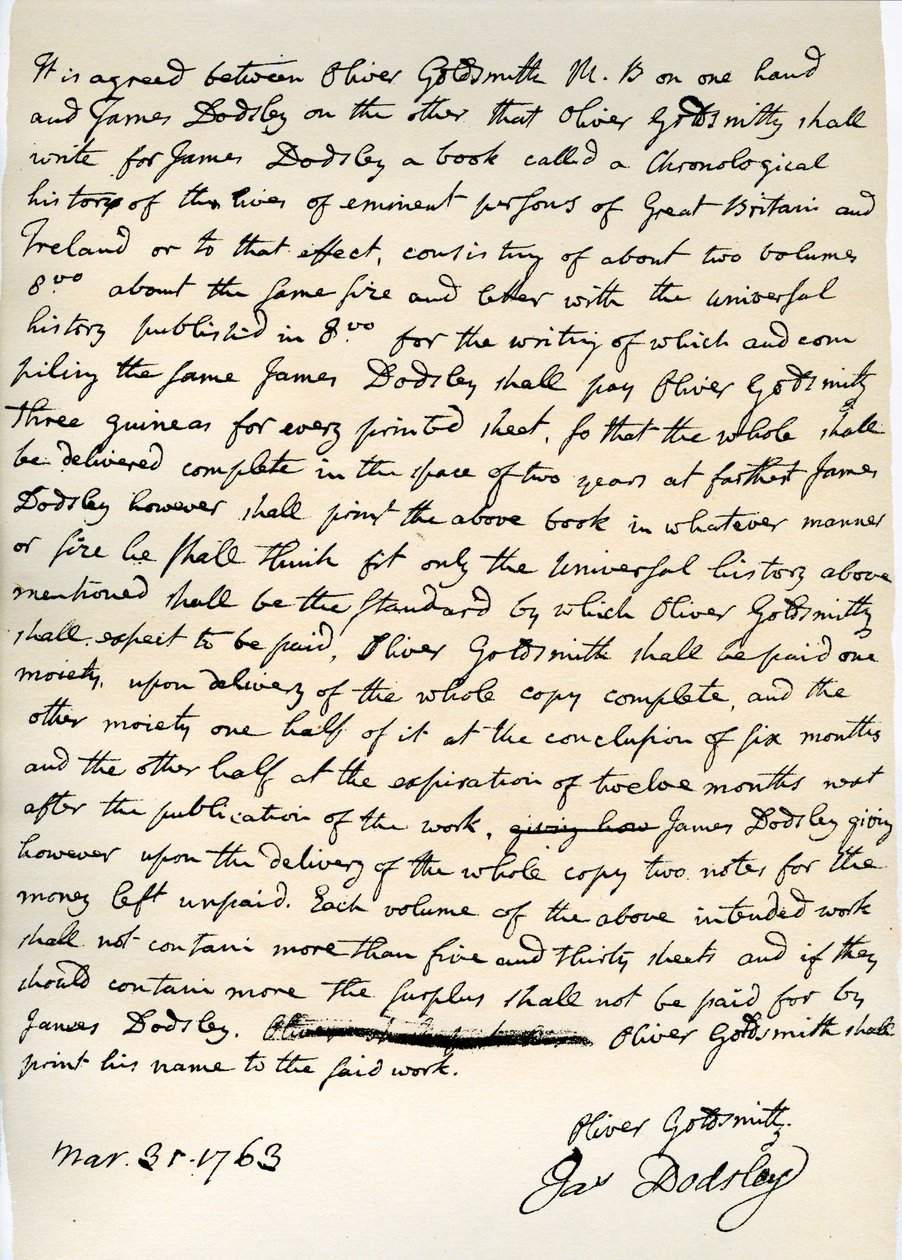 Oliver Goldsmithin sopimus kirjoittaa James Dodsleylle, 31. maaliskuuta 1763. tekijältä Oliver Goldsmith