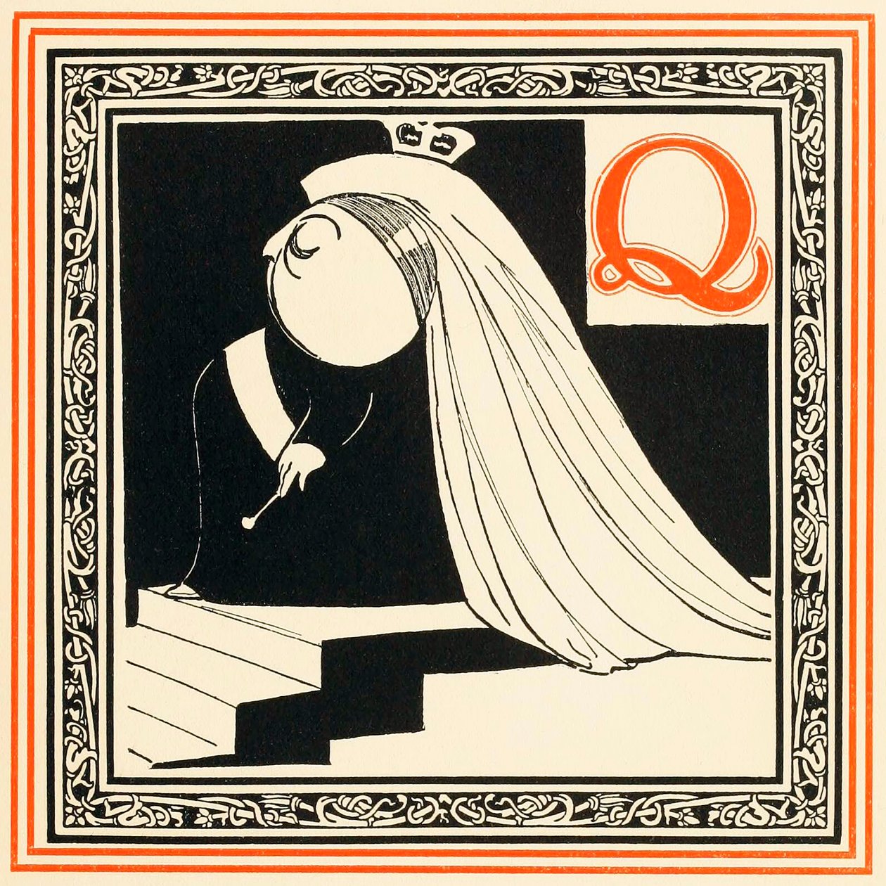 Q on kuningatar, niin jalo ja vapaa, An Alphabet of Celebrities -pubista. 1899. tekijältä Oliver Hereford