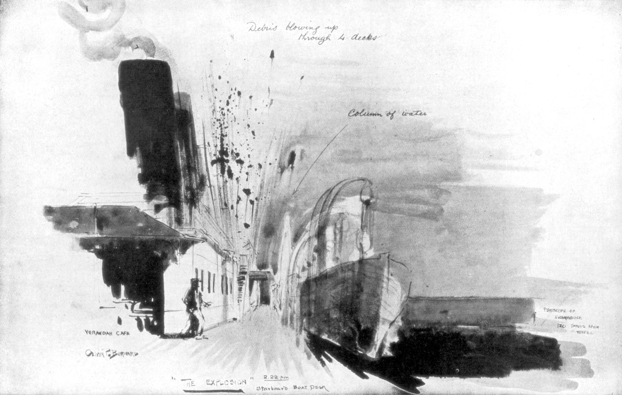 Sillä hetkellä, kun saksalaisen U-20-sukellusveneen torpedo osui RMS Lusitaniaan, 7. toukokuuta 1915, 1926 tekijältä Oliver Percy Bernard