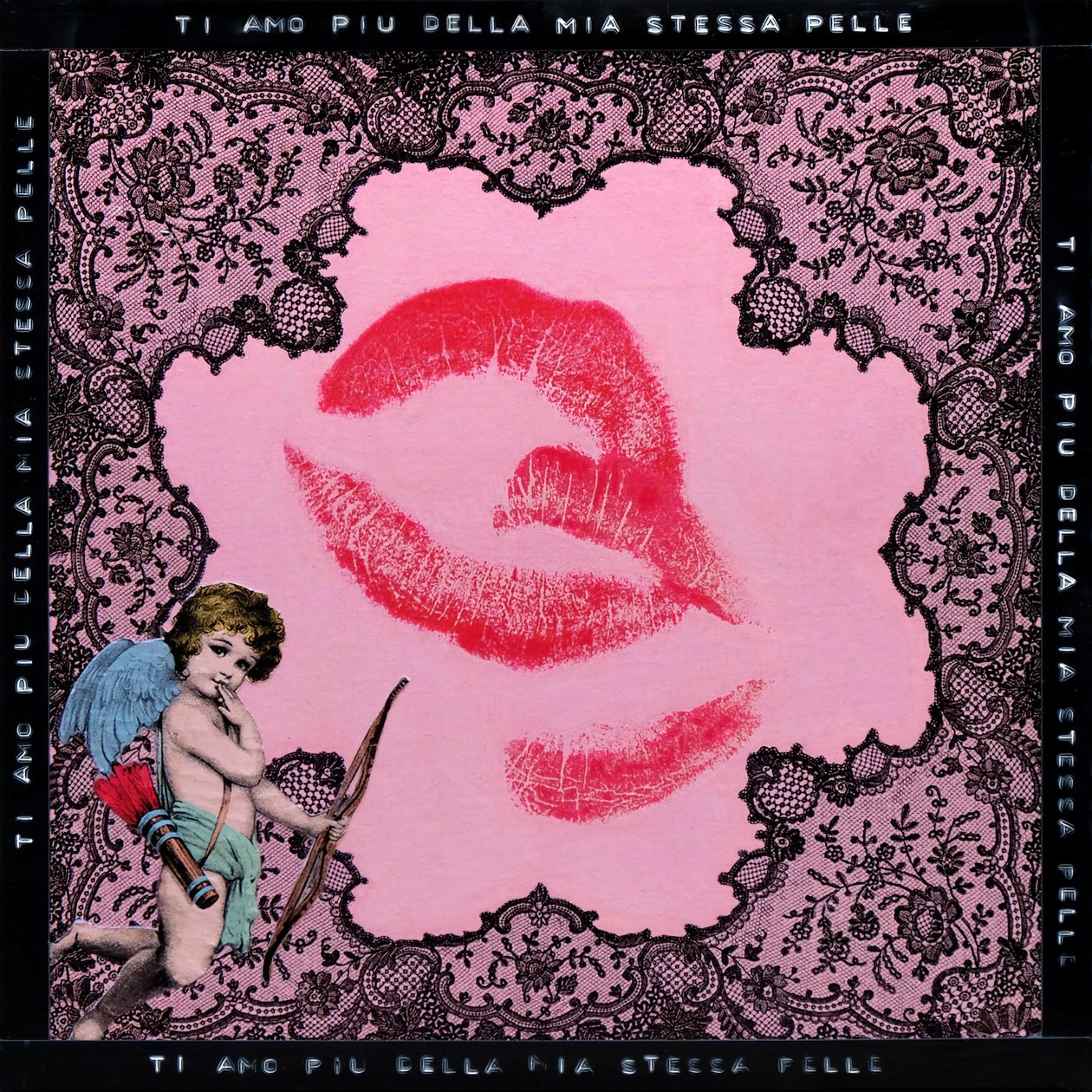 Kiss Fiorucci, 2020 (sekatekniikka kankaalle) tekijältä Olivia Gozzano