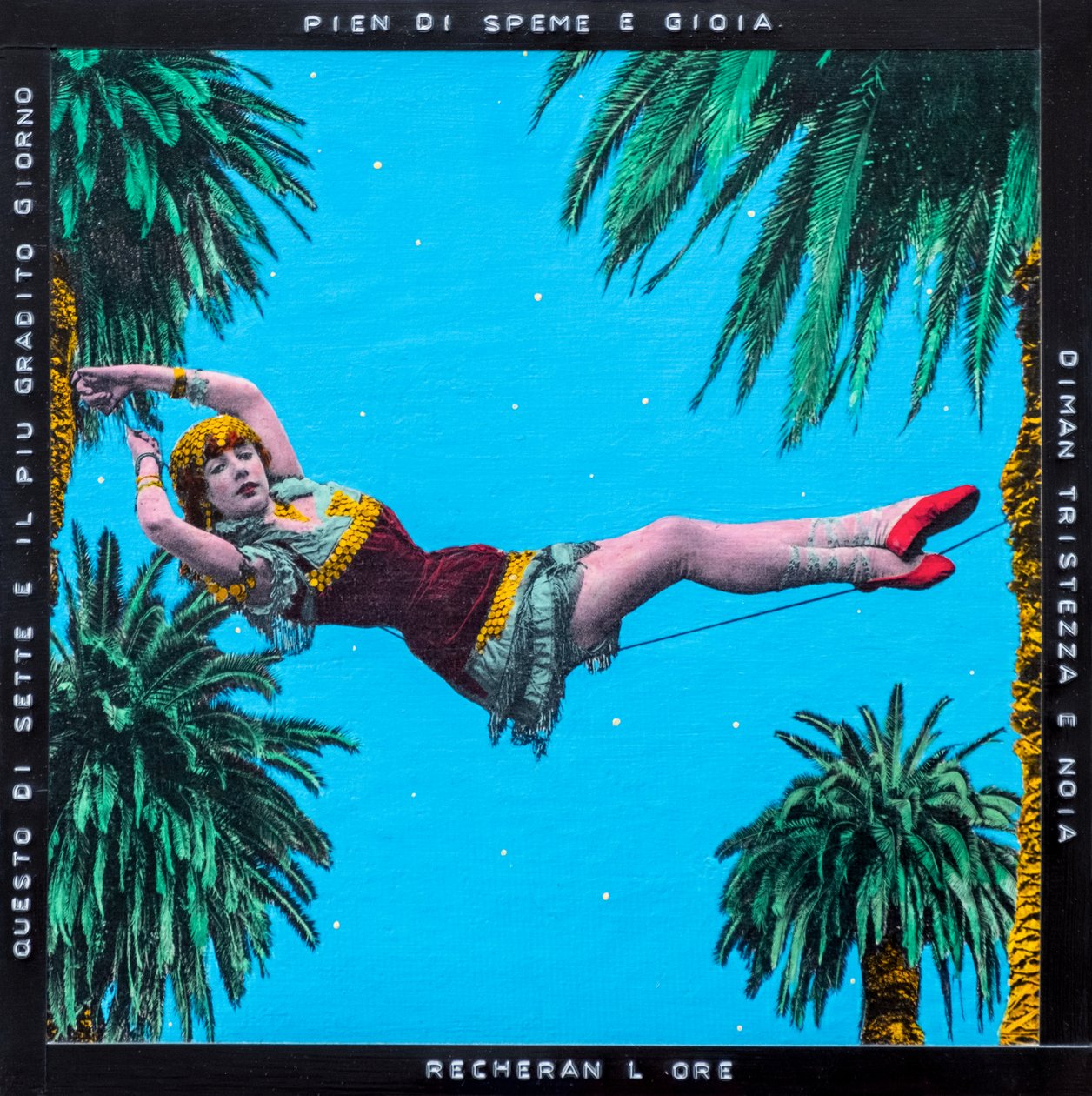 Village Saturday,2021 (sekatekniikka kankaalle) tekijältä Olivia Gozzano