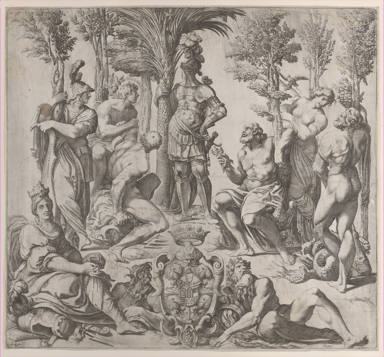 Allegorinen sävellys, jossa kuusi olympialaista jumalaa kokoontui panssarihahmon ympärille, 1615-35, 1615-35. tekijältä Oliviero Gatti