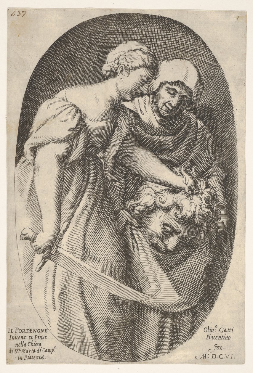 Judith Holofernesin pää vasemmassa kädessään ja miekka oikeassa kädessään, saattaja..., 1606. tekijältä Oliviero Gatti
