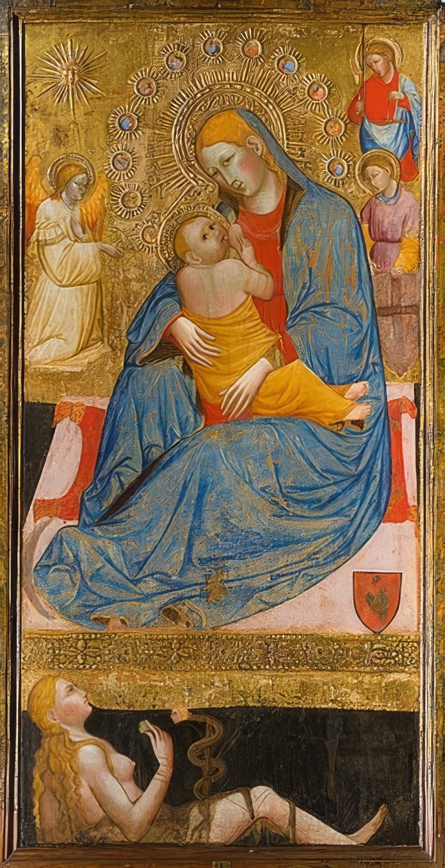 Nöyryyden Madonna ja Eevan kiusaus. Noin 1400 tekijältä Olivuccio di Ciccarello