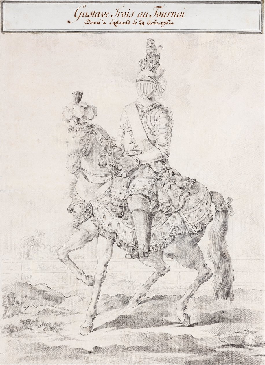 Kustaa III valjaissa hevosen selässä 1776 tekijältä Olof Fridsberg