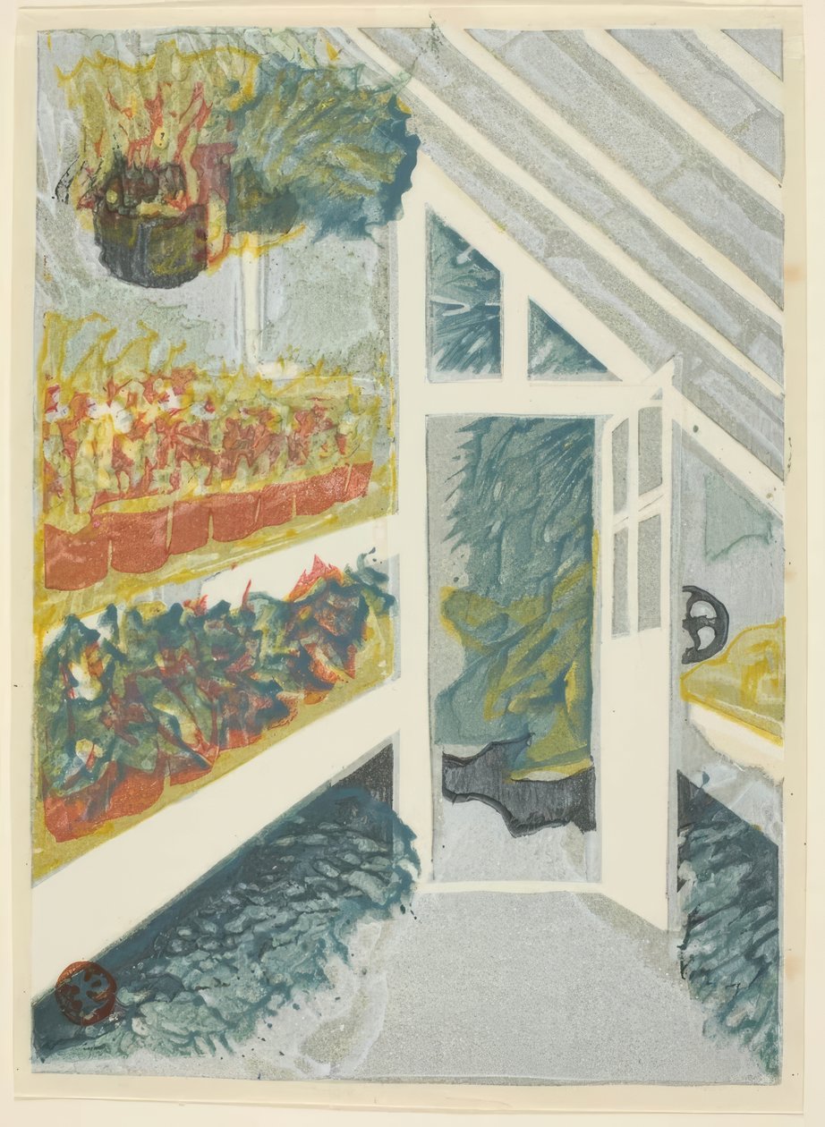 Kasvihuone, sarjasta "Shinjukun keisarillisen puutarhan painokuvat (Shinjuku Gyoen hanga)" tekijältä Onchi Kôshirô