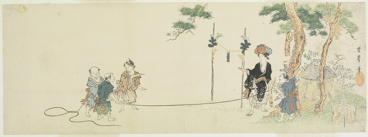 Lapset leikkivät peliä naisen kanssa, 1800-luvun alku (värillinen puupainatus) tekijältä Ooka Unpo Ooka Unpo