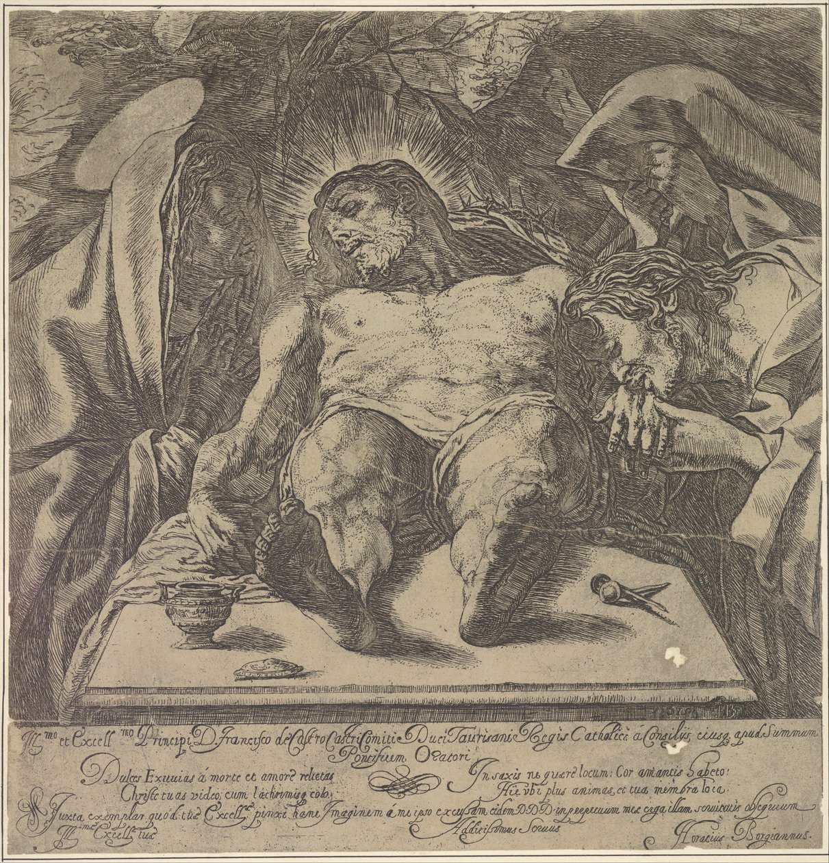 Kolmen Marian valitus Kristuksen ruumiista, voidepurkki pöydällä ..., 1615. tekijältä Orazio Borgianni