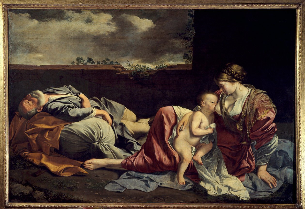 Muu pyhä perhe Egyptin lennon aikana Orazio Gentileschin (1562-1647) maalaus 1600-luvun su. 1,57 x 2,25 m. Pariisi. Louvren taidemuseo tekijältä Orazio Gentileschi