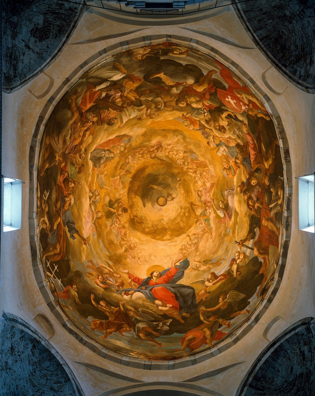 Näkymä kupolin sisältä. Orazion ja Girolamo Riminaldin Neitsyt taivaaseenastumista kuvaava fresko (1600-luku) tekijältä Orazio Riminaldi