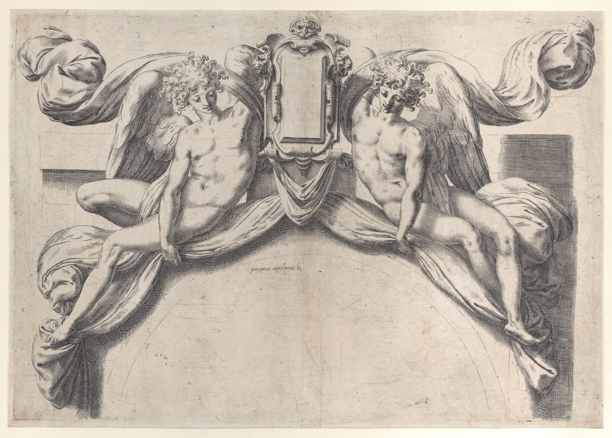 Kaksi enkeliä tukemassa cartouchea tai kilpiä, 1568-77., 1568-77. tekijältä Orazio de Sanctis