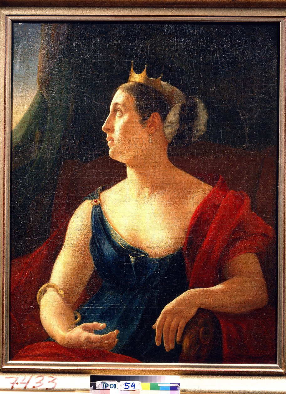 Näyttelijä Jekaterina Semjonovan (1786-1849) muotokuva Clytemnestran roolissa Euripidesin näytelmään Iphigenia a Aulis. (Näyttelijä E. Semjonovan muotokuva Clytemnestrana Euripidesin teatterinäytelmässä Iphigeneia Aulisissa). Maali tekijältä Orest Adamovich Kiprensky