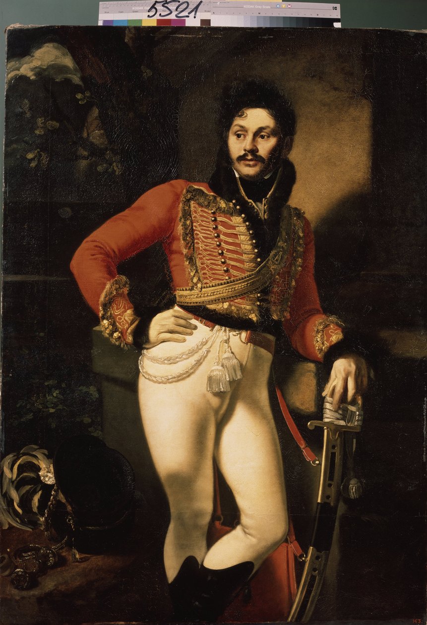 Husaari eversti Eugraph Davydov (1775-1823) muotokuva. (Husaari eversti E. Davydovin muotokuva). Oreste Adamovich Kiprensky (Kiprenski) (1782-1836) maalaus öljy kankaalle tekijältä Orest Adamovich Kiprensky