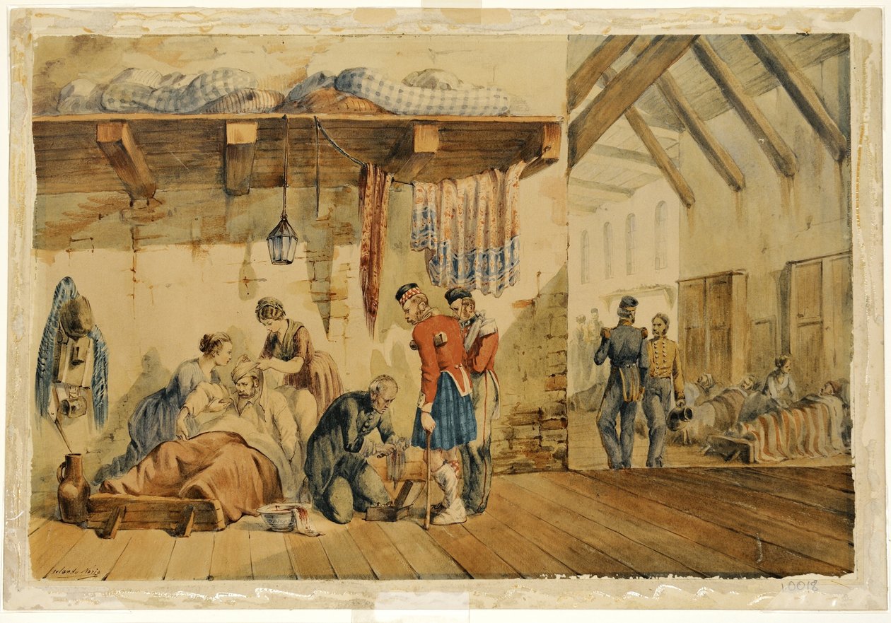 [Kasarmi] Scutari-sairaala, kohtaus Ylämaan rykmentin sairaanhoitajien ja sotilaiden kanssa, 1854-56 tekijältä Orlando Norie