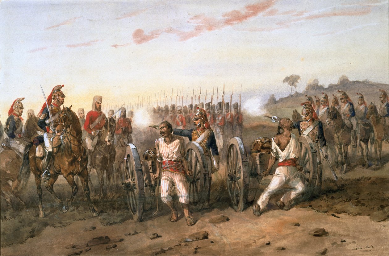 Revoltați pe cale să fie aruncați din arme de artileria cailor din Bengal, c.1858 (acuarelă pe hârtie) finlandez tekijältä Orlando Norie