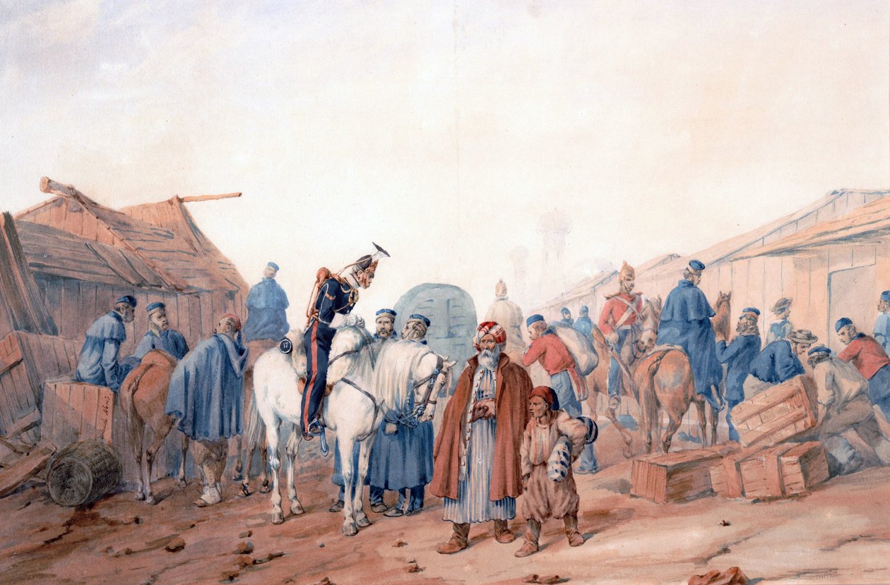 Brittiarmeijan huoltoasema Balaclavan (Balaklava) satamassa - Norie, Orlando (1832-1901) - 1854 - Vesiväri paperille - 36,3x52,6 - Yksityiskokoelma tekijältä Orlando Norie