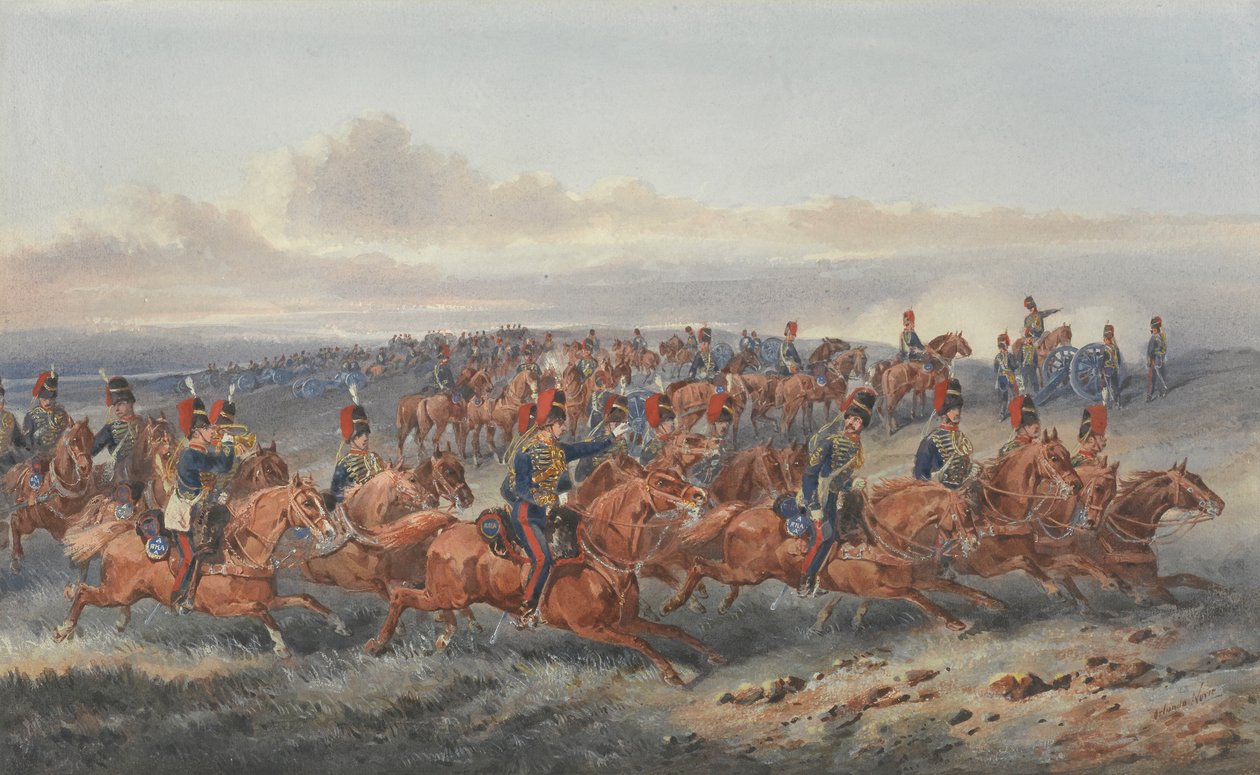 Chestnut Troop (A-patteri) Royal Horse Artillery (akvarelli paperille) tekijältä Orlando Norie