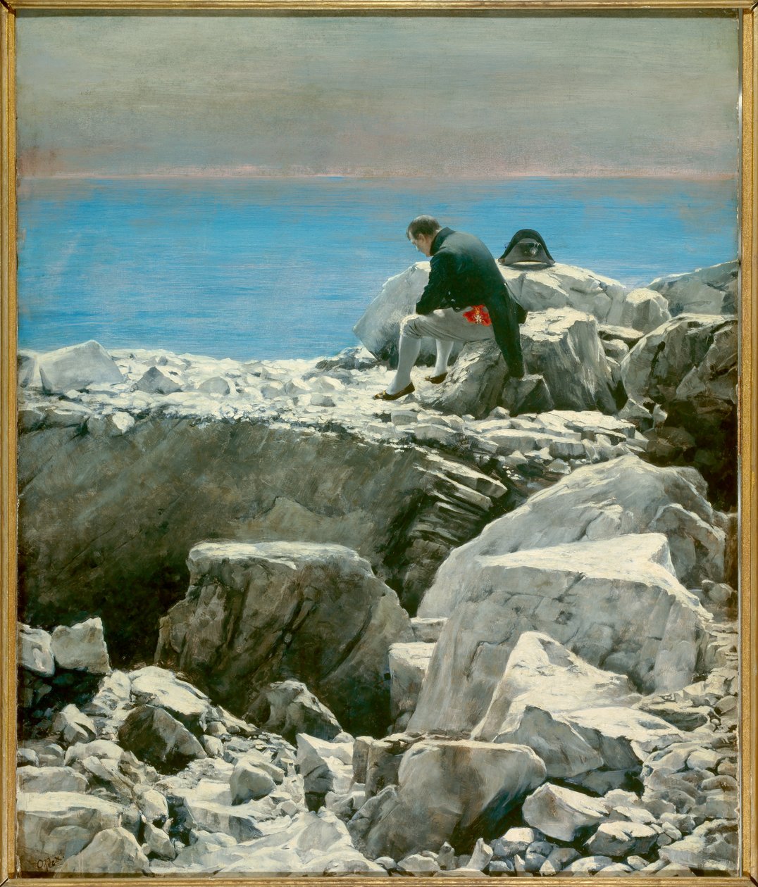 Se on ohi, Napoleon I Sainte Helenelle (1769-1821) Maanpaossa oleva keisari on edustettuna melankolisessa asenteessa yksinään Sainte-Helenen saaren kalliolla. Oscar Rexin (1857-1929) maalaus 1800-luvun aurinko. 0,76x0,67 m Malmaison, musee du chateau - Se  tekijältä Oscar Rex