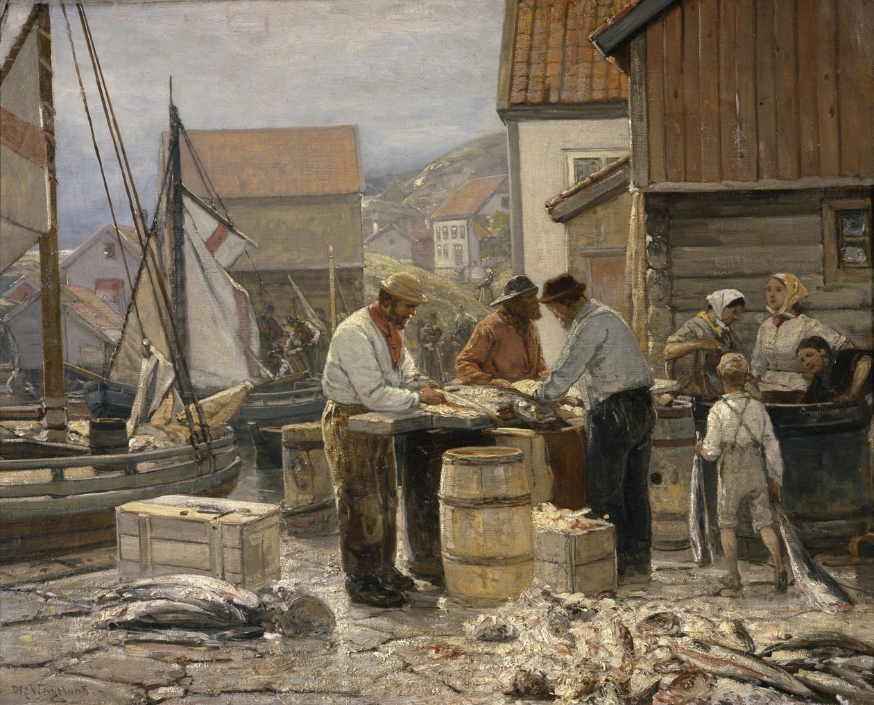 Kalamarkkinat Ålesundissa (öljy kankaalle) tekijältä Oscar Arnold Wergeland