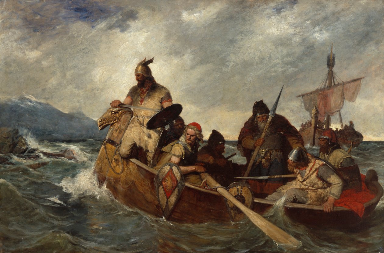 Norjalaiset laskeutuvat Islantiin vuonna 872 (öljy kankaalle) tekijältä Oscar Arnold Wergeland