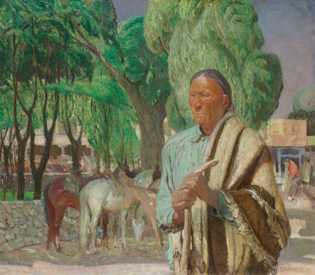 Kulma Taos Plazassa, n. 1925 (öljy kankaalle) tekijältä Oscar Edward Berninghaus
