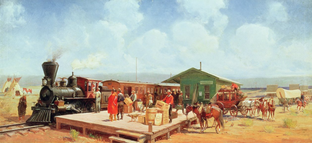 Läntinen rautatieasema, Frontier Days, n. 1901 (öljy kankaalle) tekijältä Oscar Edward Berninghaus