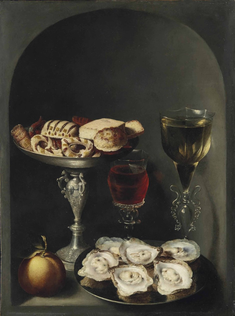 Osterit tinalevyllä, makeat ja keksit hopeisessa tazzassa, kaksi façon-de-venise-viinilasia ja appelsiini kapealla tekijältä Osias the Elder Beert