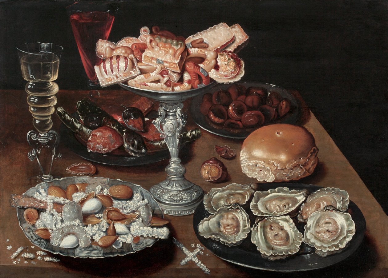 Mantelit, osterit, makeiset, kastanjat ja viini puupöydällä, n. 1605-30 tekijältä Osias the Elder Beert
