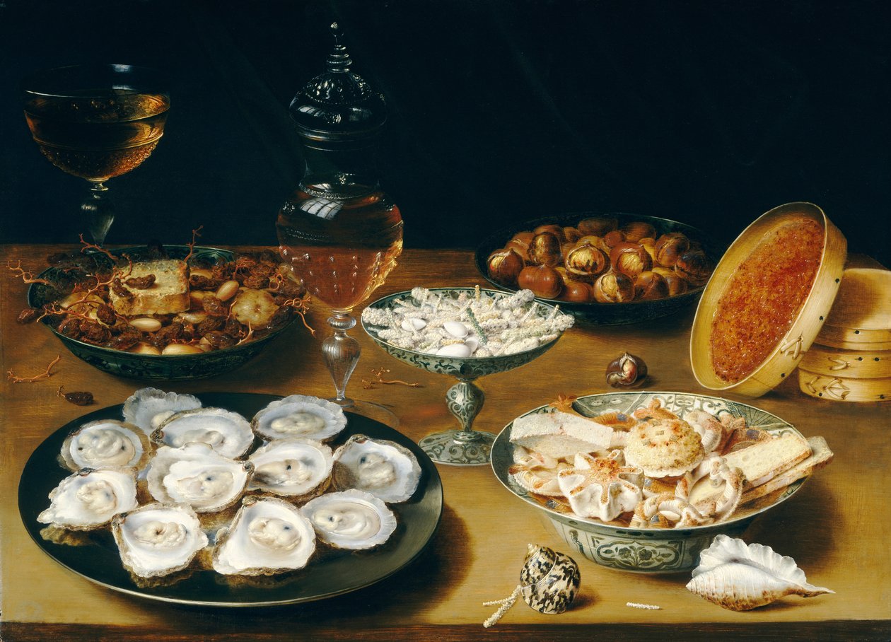 Astiat ostereilla, hedelmillä ja viinillä, n. 1620-25 (öljy levylle) tekijältä Osias the Elder Beert